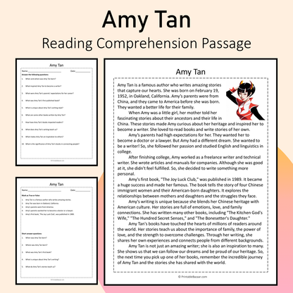Amy Tan | Reading Comprehension Passage Printable Activity
