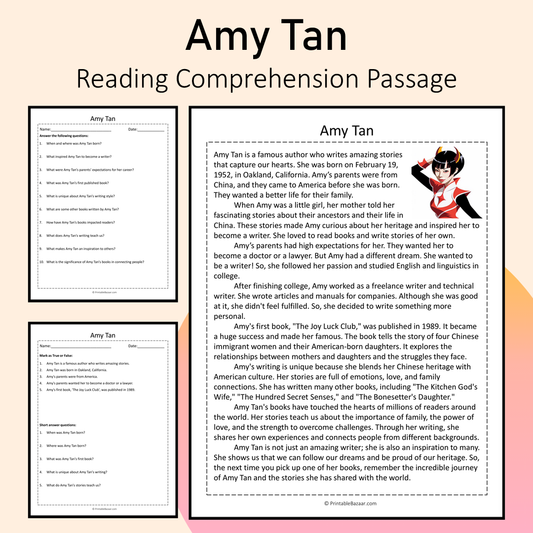 Amy Tan | Reading Comprehension Passage Printable Activity