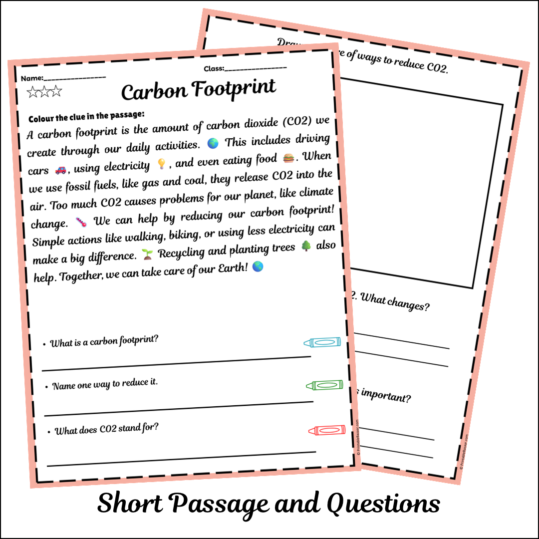 Carbon Footprint | Short Reading Comprehension Creative Worksheet