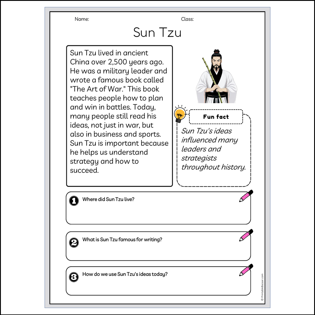 Sun Tzu | Reading Passage Comprehension Questions Writing Facts Worksheet