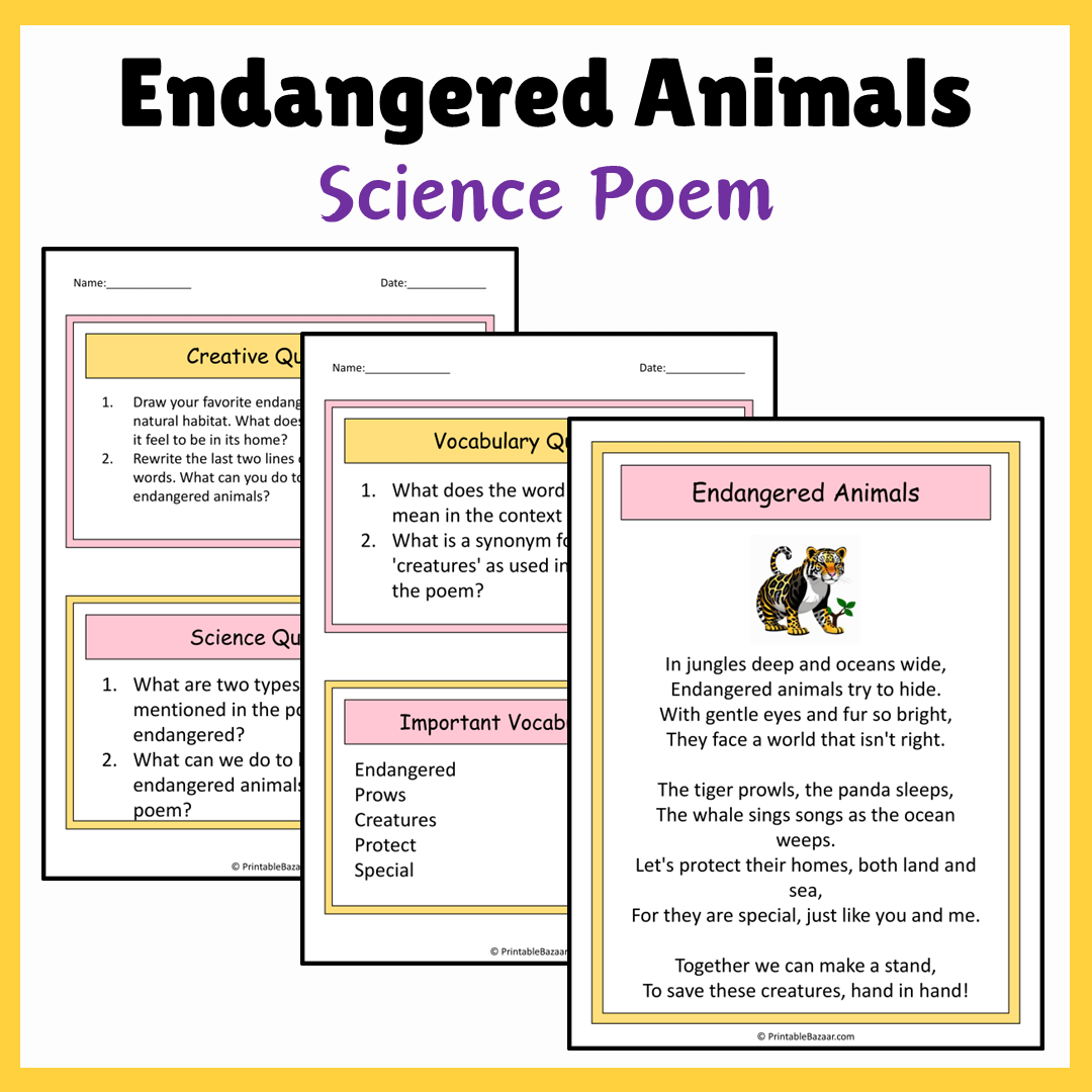 Endangered Animals | Science Poem Reading Comprehension Activity