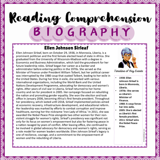 Ellen Johnson Sirleaf | Biography Reading Comprehension and Questions Worksheet