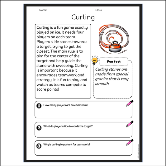 Curling | Reading Passage Comprehension Questions Writing Facts Worksheet