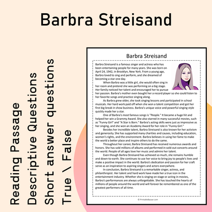 Barbra Streisand | Reading Comprehension Passage Printable Activity