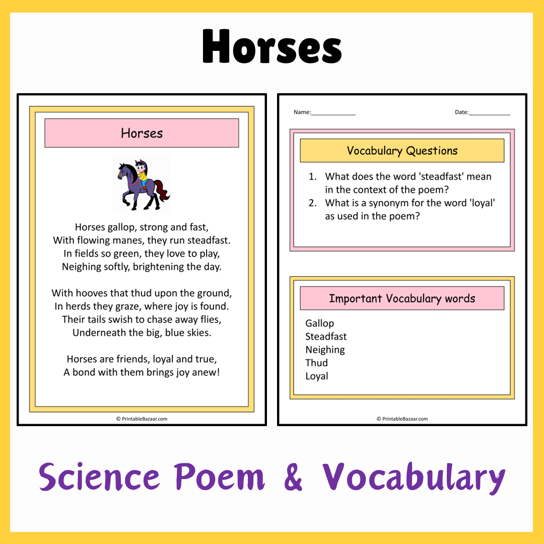 Horses | Science Poem Reading Comprehension Activity