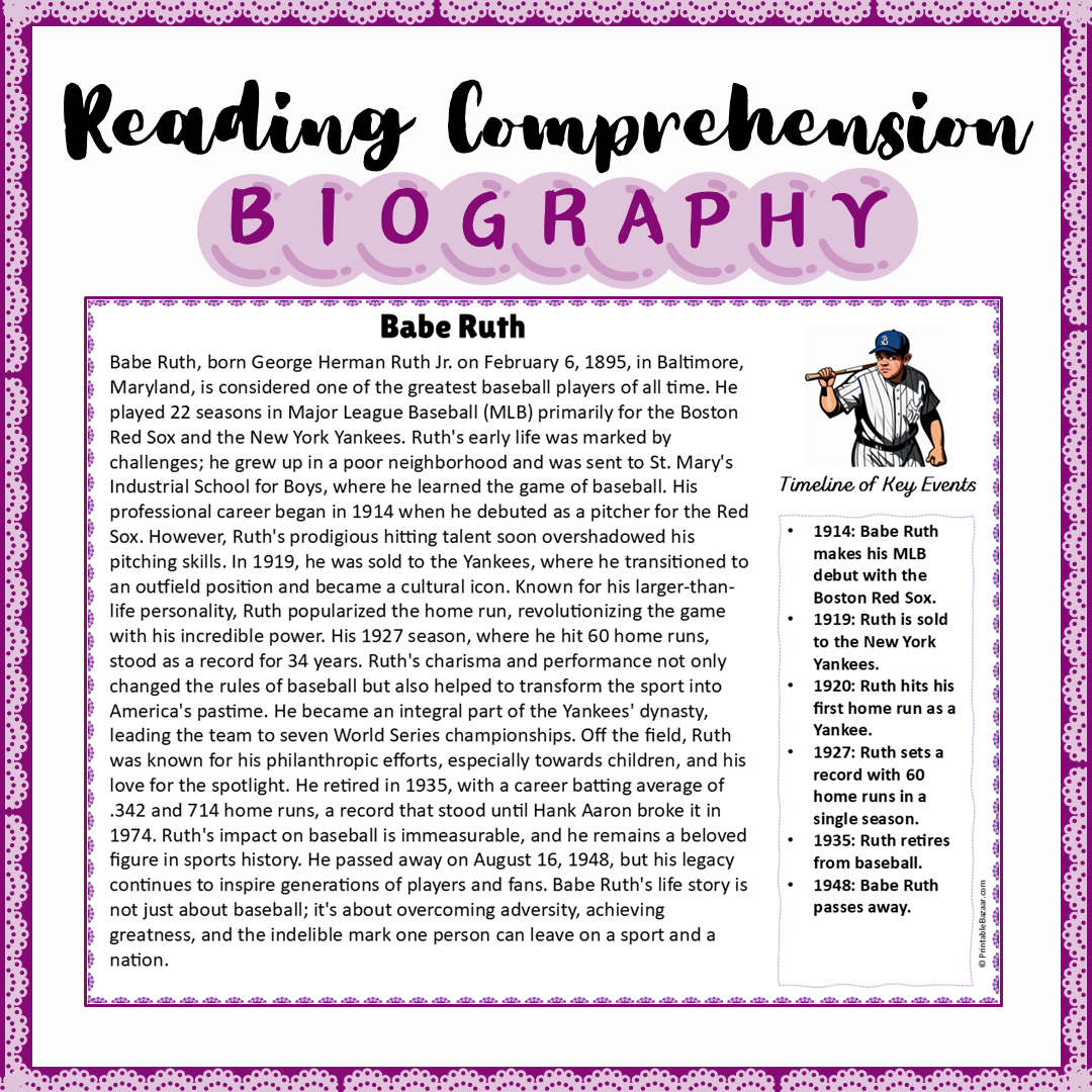 Babe Ruth | Biography Reading Comprehension and Questions Worksheet