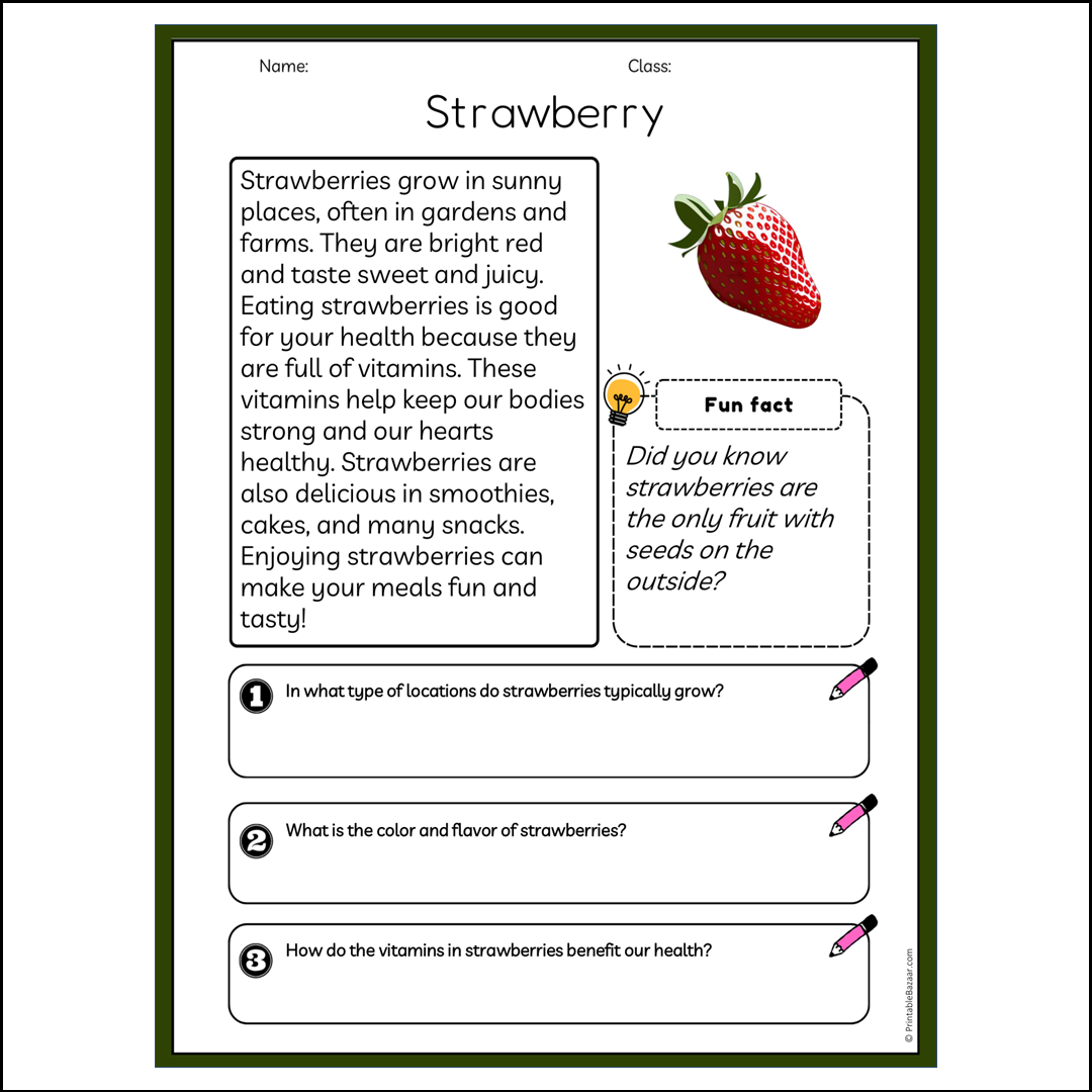 Strawberry | Reading Passage Comprehension Questions Writing Facts Worksheet