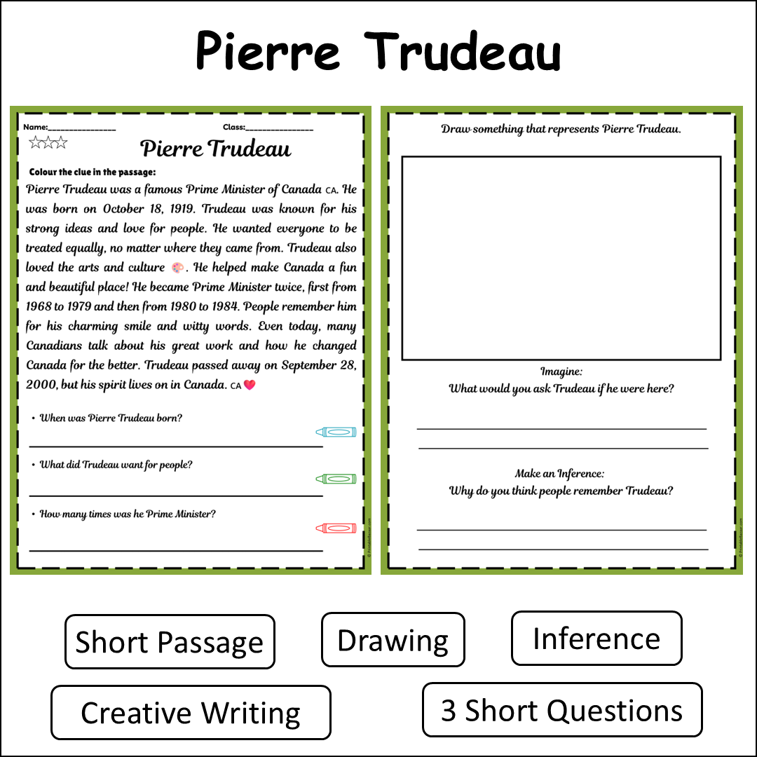 Pierre Trudeau | Short Reading Comprehension Creative Worksheet
