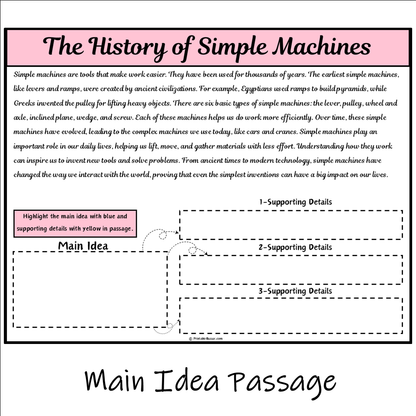 The History of Simple Machines | Main Idea and Supporting Details Reading Passage and Questions