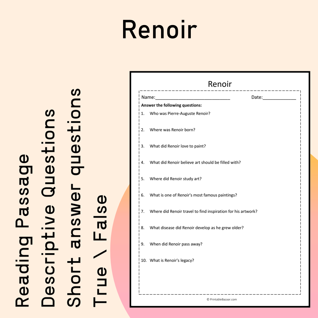 Renoir | Reading Comprehension Passage Printable Activity