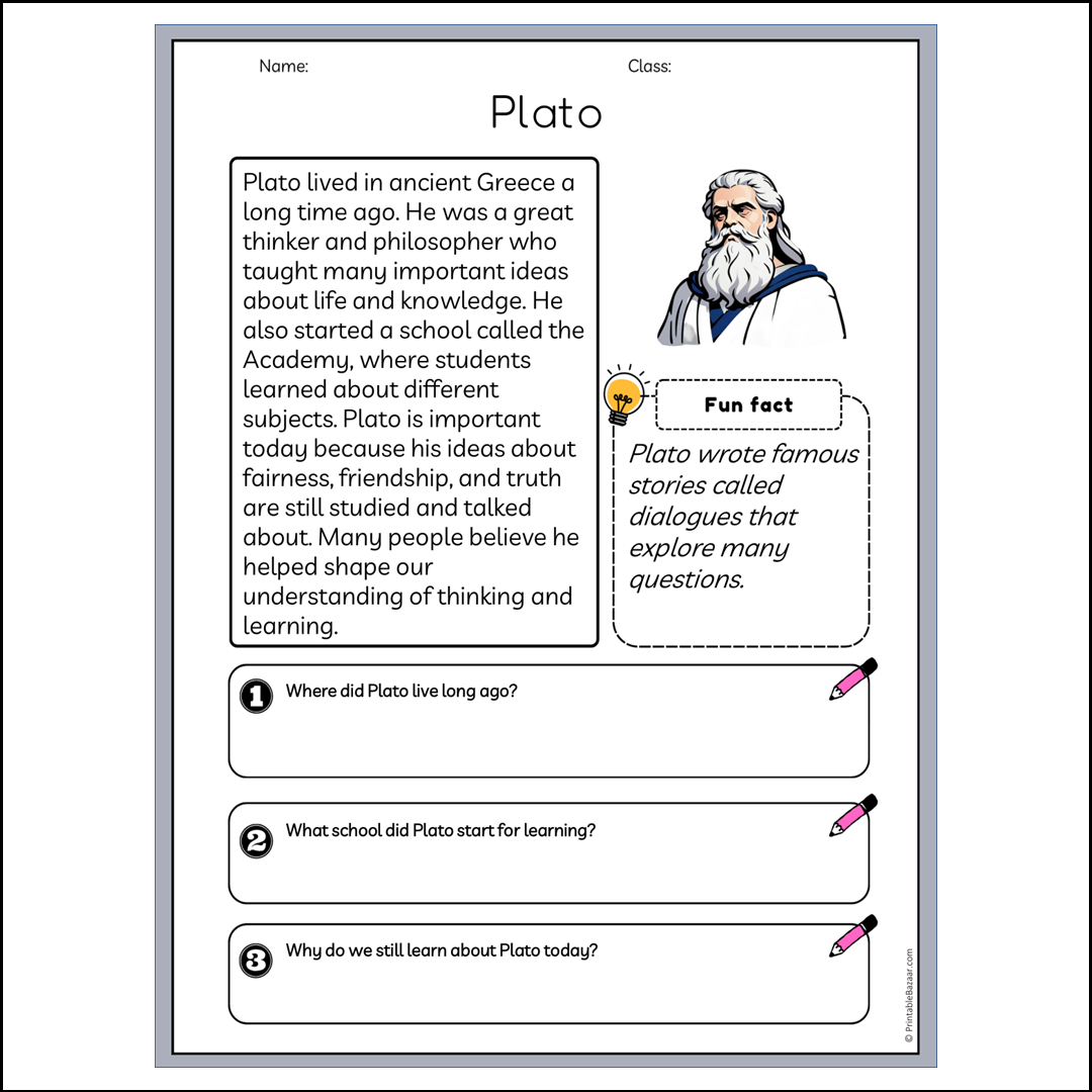 Plato | Reading Passage Comprehension Questions Writing Facts Worksheet