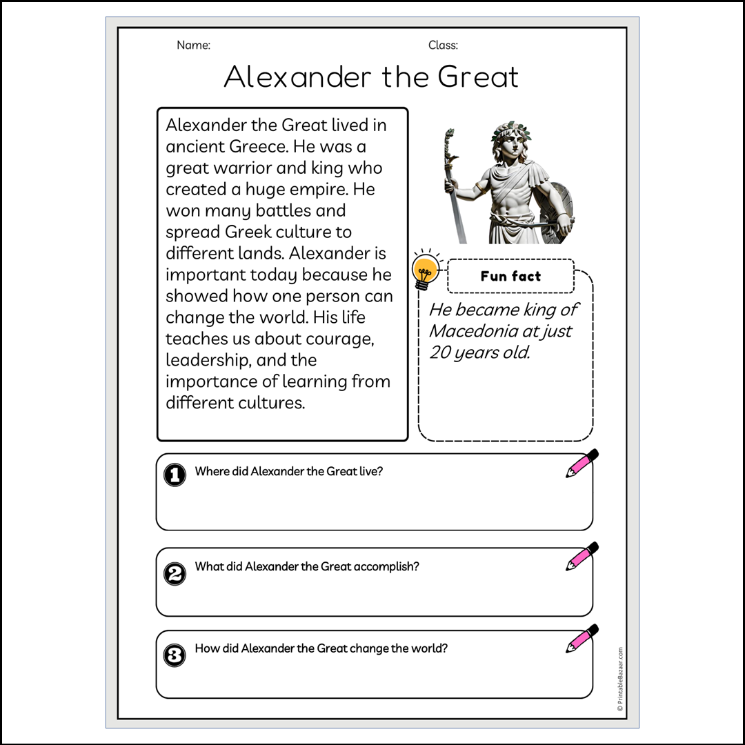 Alexander the Great | Reading Passage Comprehension Questions Writing Facts Worksheet