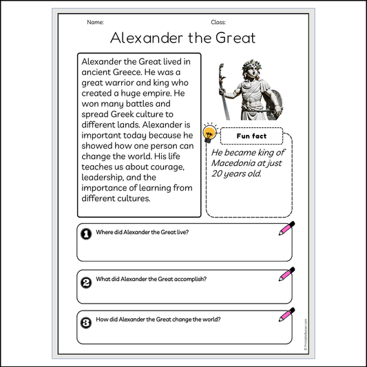 Alexander the Great | Reading Passage Comprehension Questions Writing Facts Worksheet