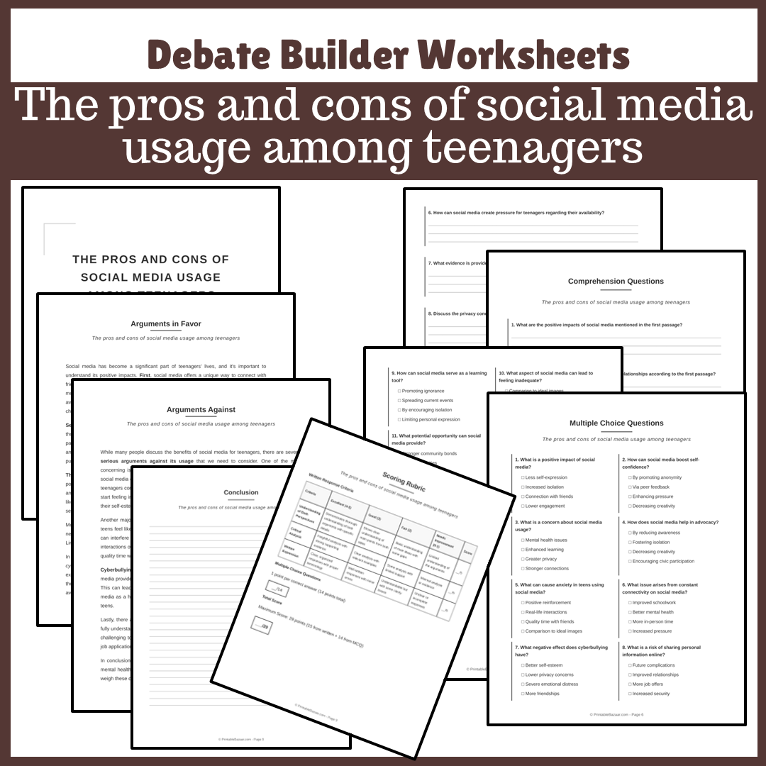 The pros and cons of social media usage among teenagers | Favour and Against Worksheet Printable Activity