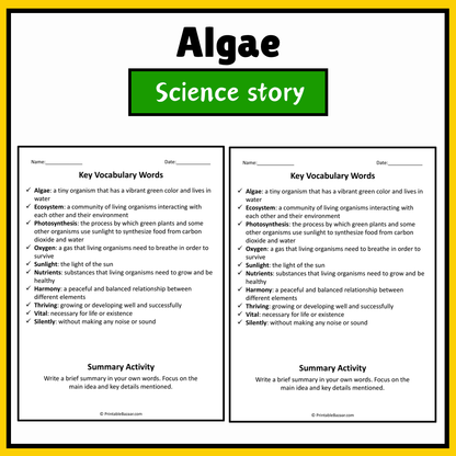 Algae | Science Story Reading Comprehension Activity