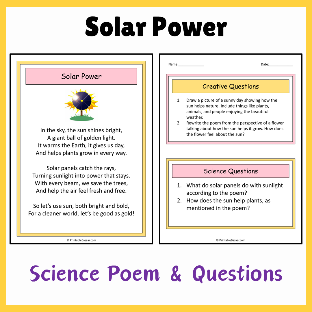 Solar Power | Science Poem Reading Comprehension Activity