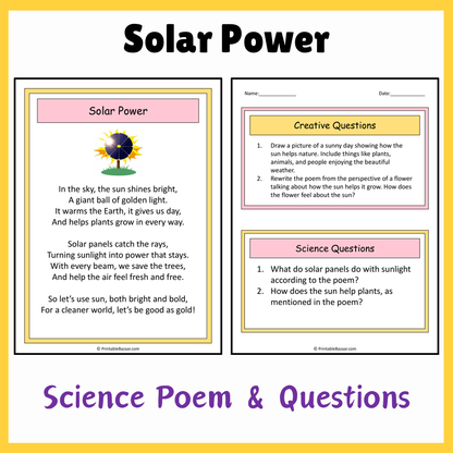 Solar Power | Science Poem Reading Comprehension Activity