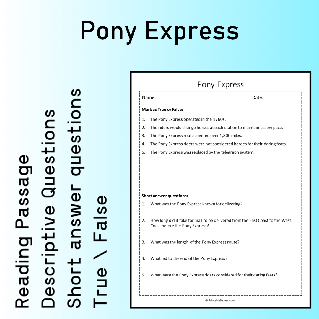 Pony Express | Reading Comprehension Passage Printable Worksheet