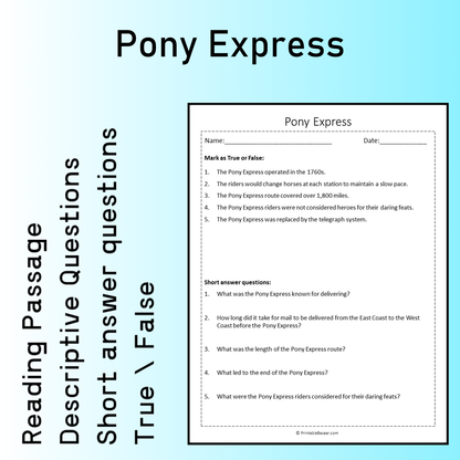 Pony Express | Reading Comprehension Passage Printable Worksheet