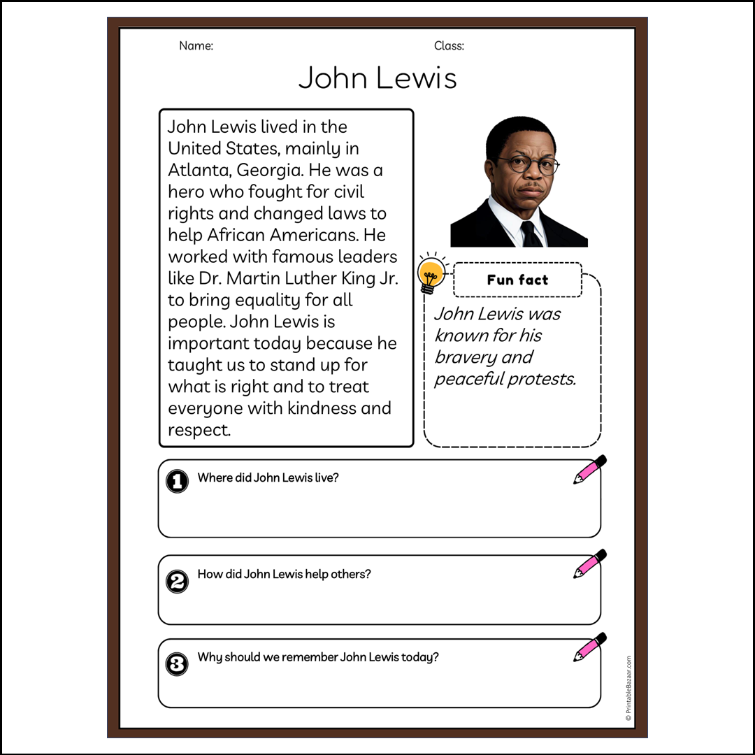 John Lewis | Reading Passage Comprehension Questions Writing Facts Worksheet