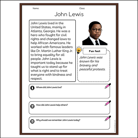 John Lewis | Reading Passage Comprehension Questions Writing Facts Worksheet