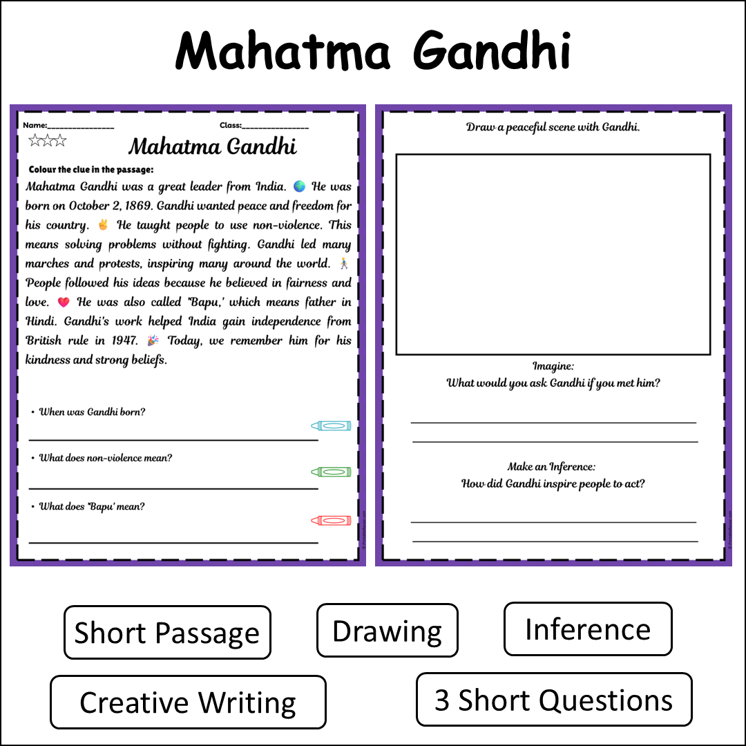 Mahatma Gandhi | Short Reading Comprehension Creative Worksheet