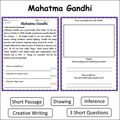 Mahatma Gandhi | Short Reading Comprehension Creative Worksheet