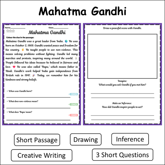Mahatma Gandhi | Short Reading Comprehension Creative Worksheet