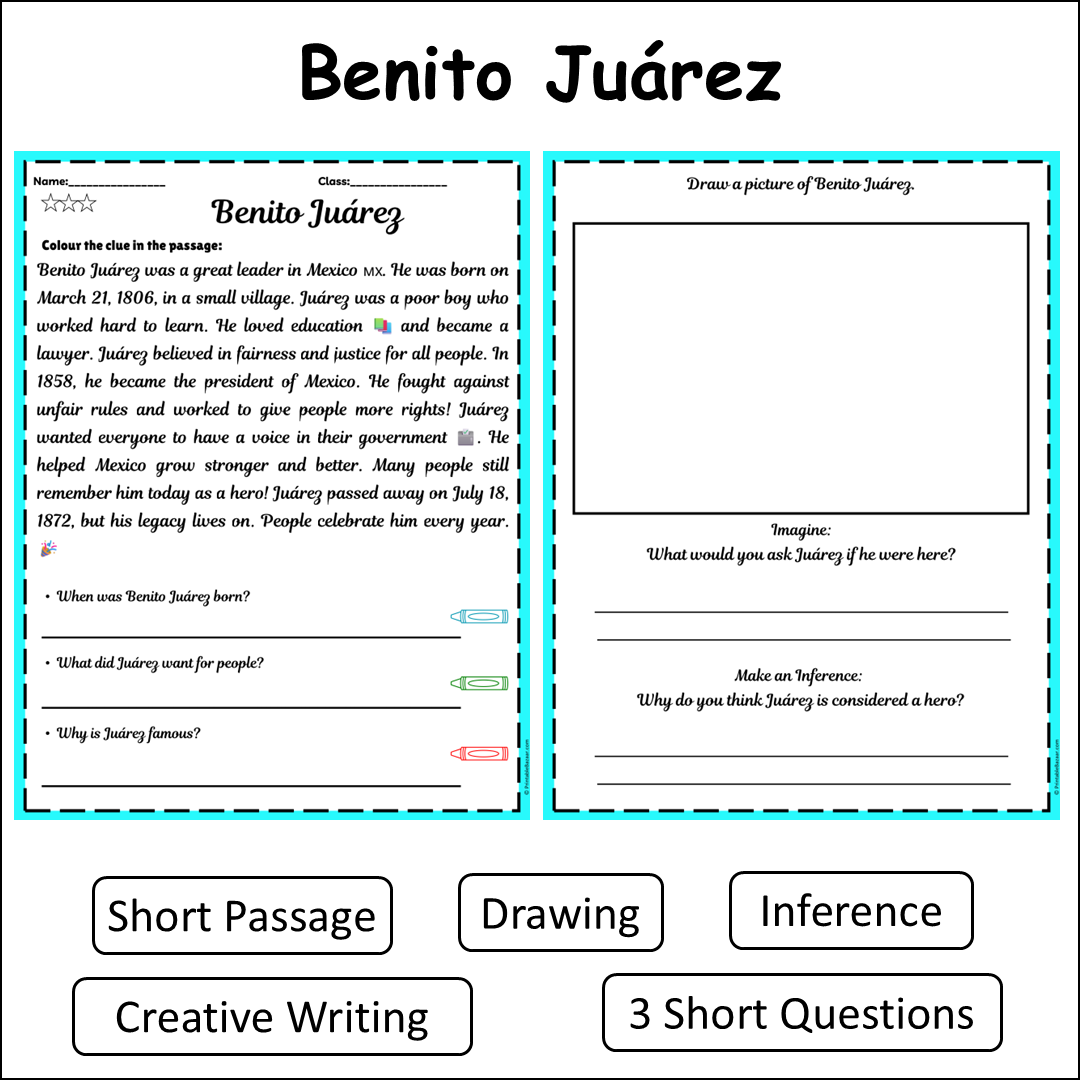 Benito Juárez | Short Reading Comprehension Creative Worksheet