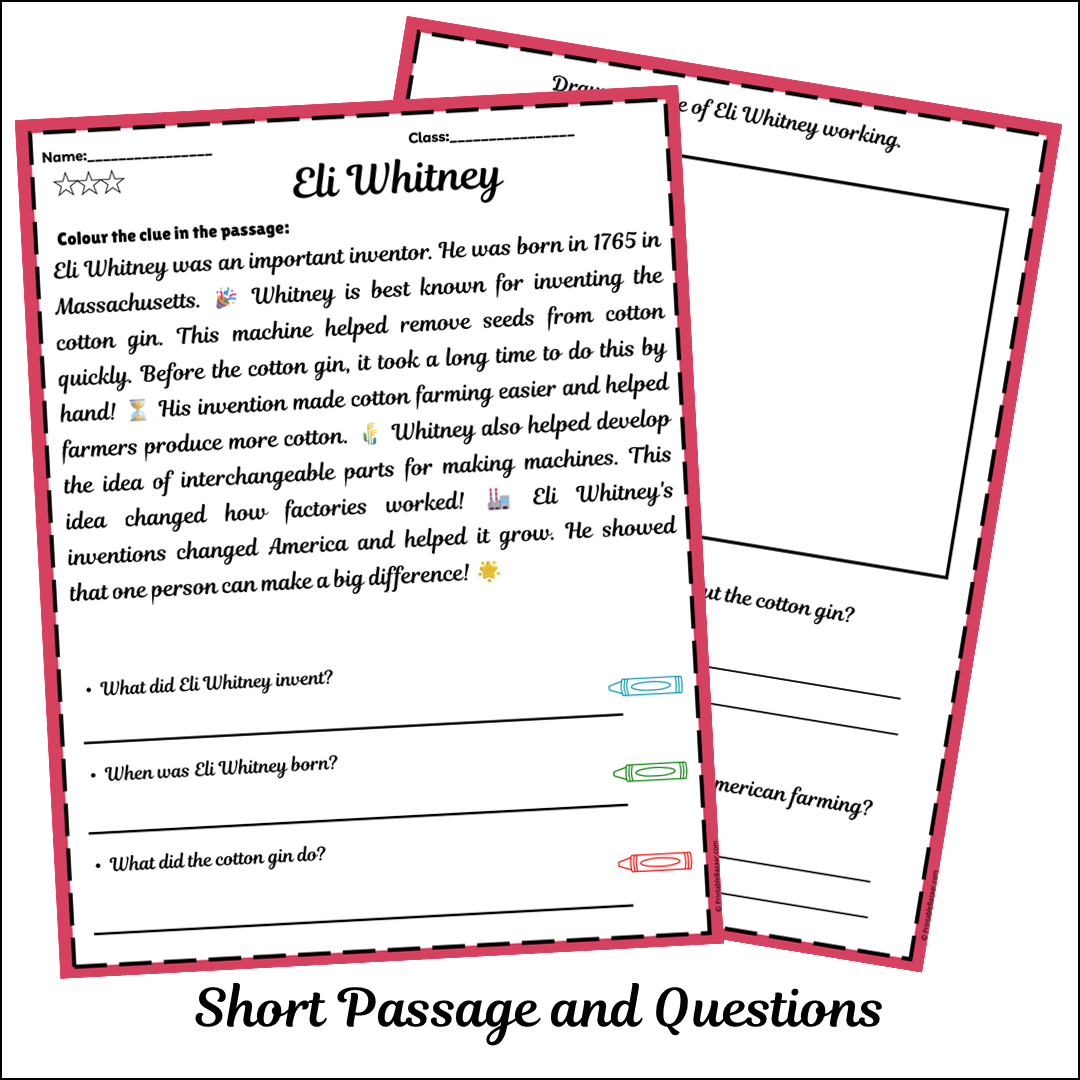 Eli Whitney | Short Reading Comprehension Creative Worksheet