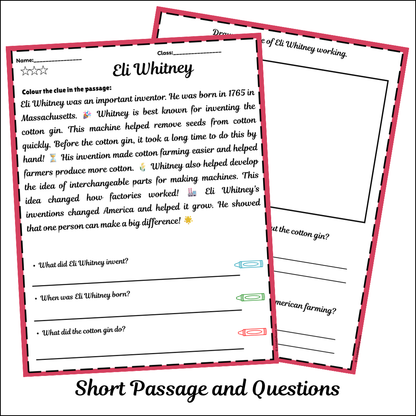 Eli Whitney | Short Reading Comprehension Creative Worksheet