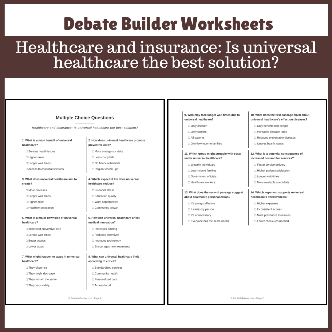 Healthcare and insurance: Is universal healthcare the best solution? | Favour and Against Worksheet Printable Activity