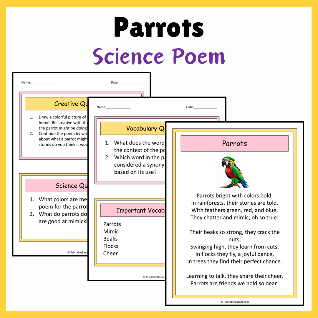 Parrots | Science Poem Reading Comprehension Activity