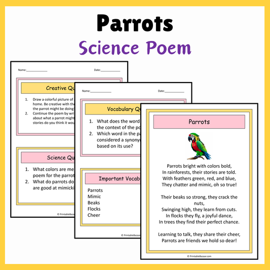 Parrots | Science Poem Reading Comprehension Activity