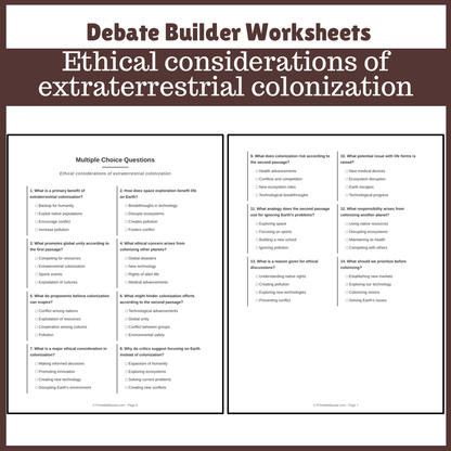 Ethical considerations of extraterrestrial colonization | Favour and Against Worksheet Printable Activity