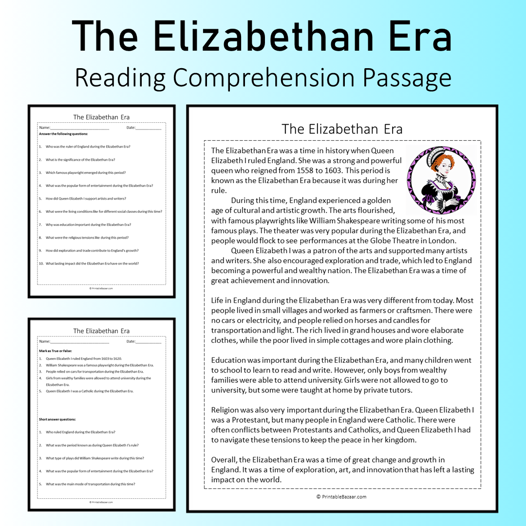 The Elizabethan Era | Reading Comprehension Passage Printable Worksheet