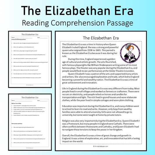 The Elizabethan Era | Reading Comprehension Passage Printable Worksheet