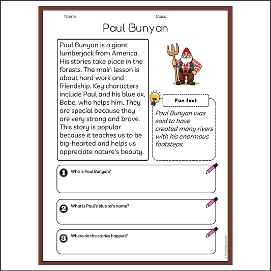 Paul Bunyan | Reading Passage Comprehension Questions Writing Facts Worksheet