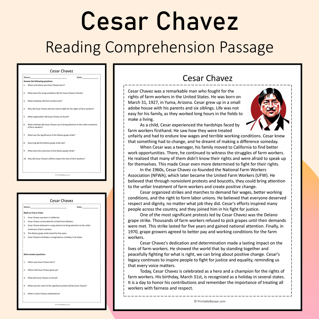Cesar Chavez | Reading Comprehension Passage Printable Activity