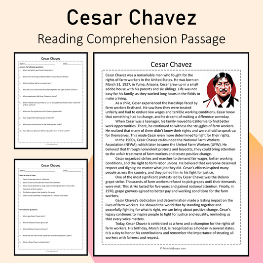 Cesar Chavez | Reading Comprehension Passage Printable Activity