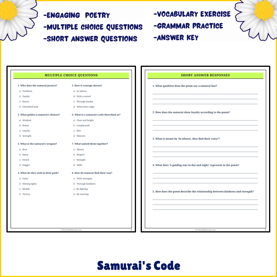 Samurai's Code | Poem Grammar Worksheet Printable Activity