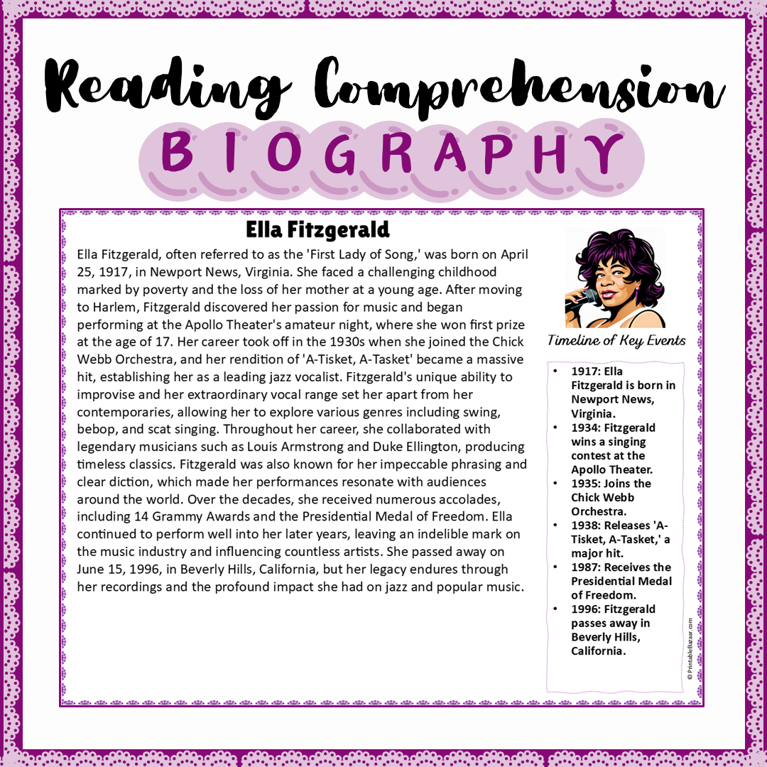 Ella Fitzgerald | Biography Reading Comprehension and Questions Worksheet