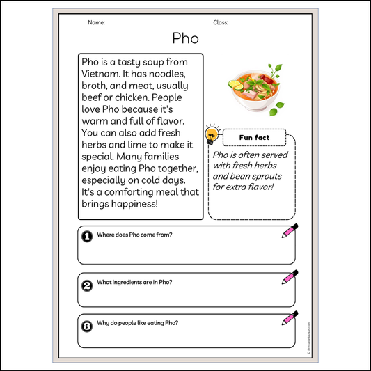 Pho | Reading Passage Comprehension Questions Writing Facts Worksheet