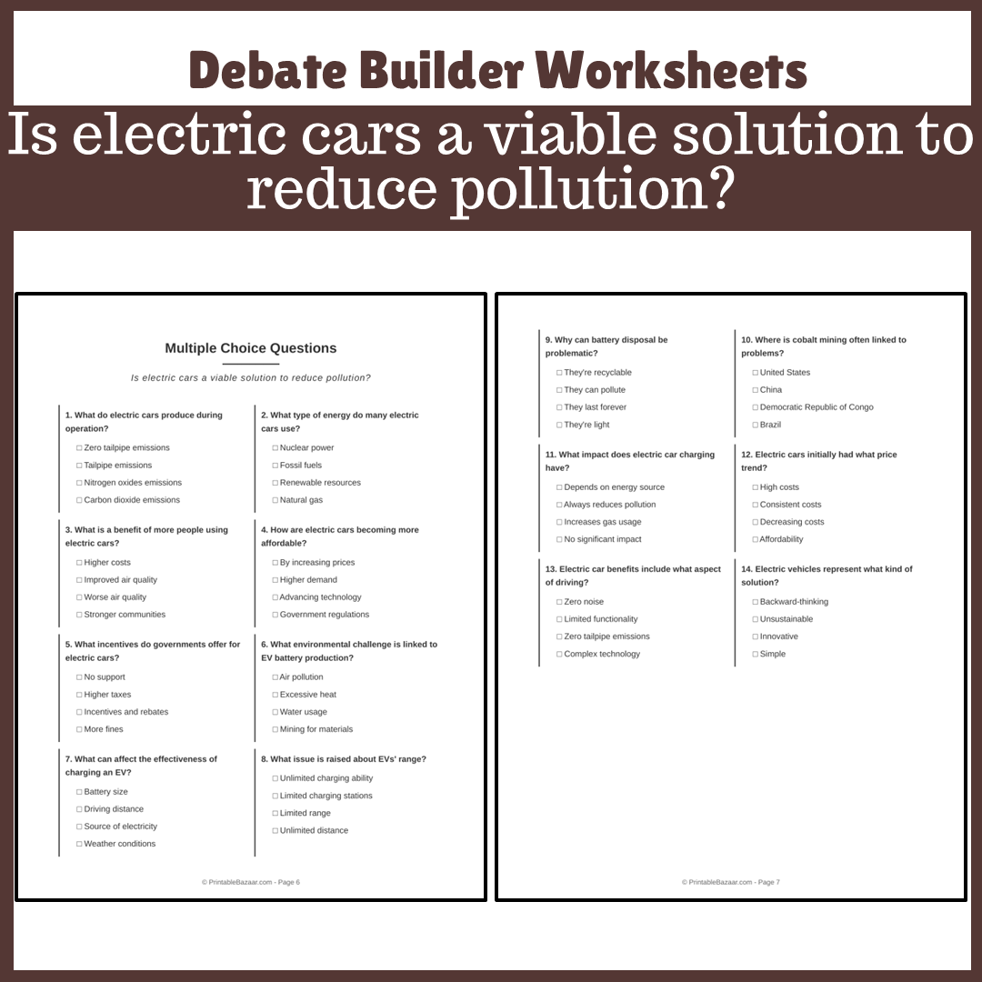 Is electric cars a viable solution to reduce pollution? | Favour and Against Worksheet Printable Activity