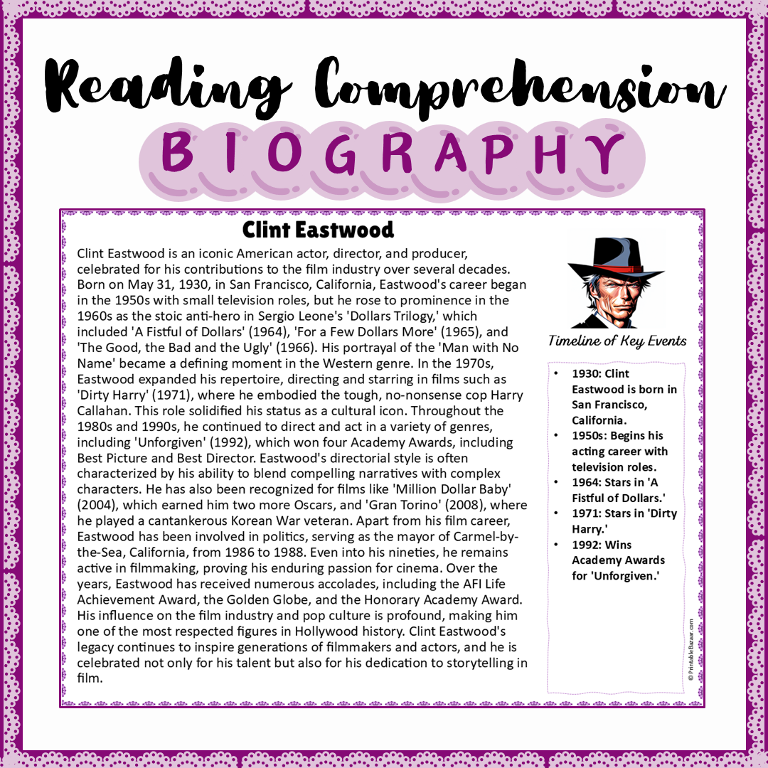 Clint Eastwood | Biography Reading Comprehension and Questions Worksheet