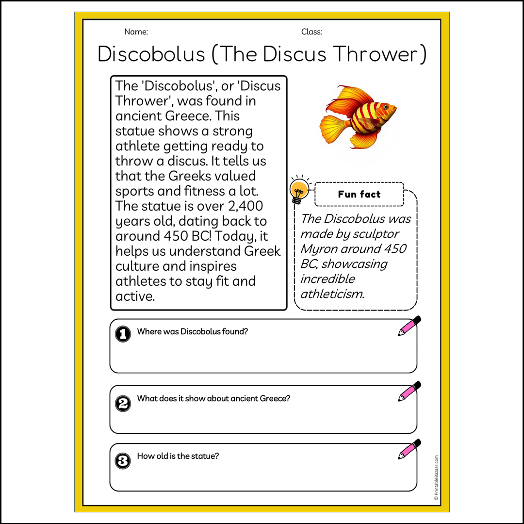 Discobolus (The Discus Thrower) | Reading Passage Comprehension Questions Writing Facts Worksheet