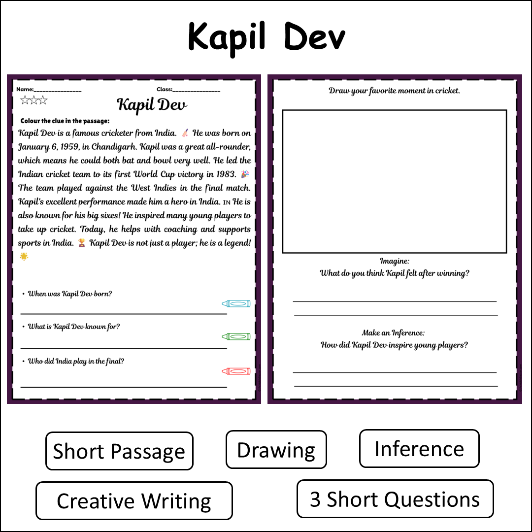 Kapil Dev | Short Reading Comprehension Creative Worksheet