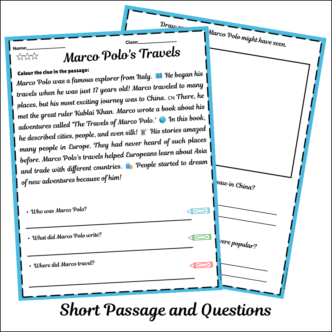 Marco Polo's Travels | Short Reading Comprehension Creative Worksheet