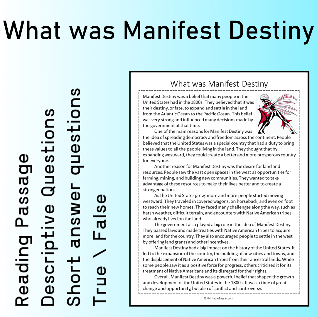 What was Manifest Destiny | Reading Comprehension Passage Printable Worksheet