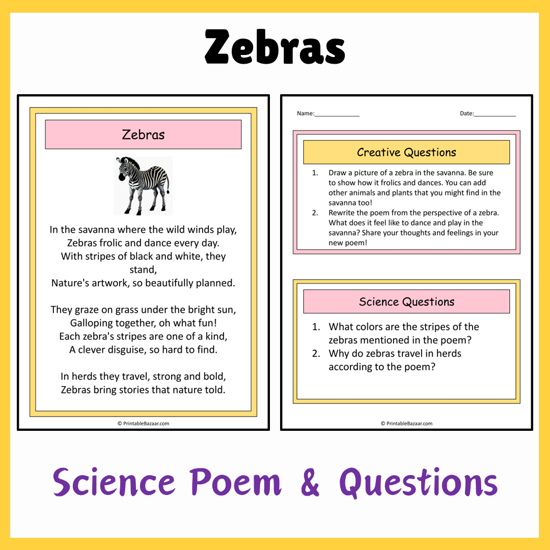 Zebras | Science Poem Reading Comprehension Activity